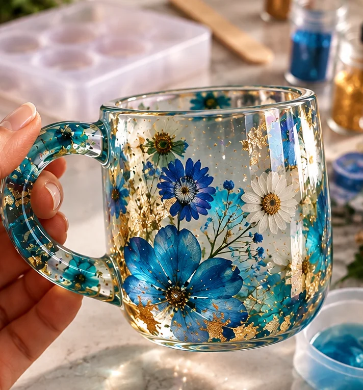 Taza de cristal decorada con resina, flores secas azules y hojuelas doradas